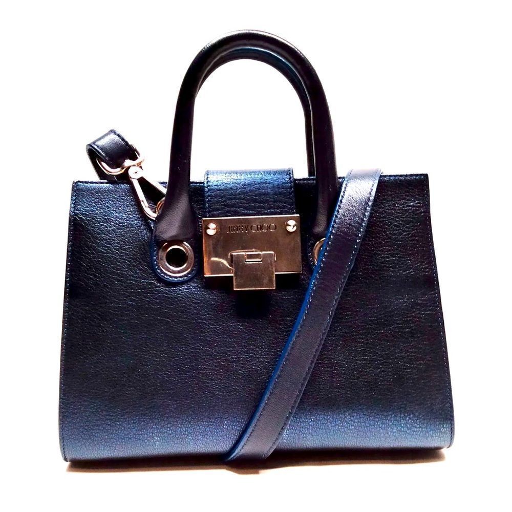 Auth Jimmy Choo Mini Metallic Blue Leather 2way Crossbody Top Handle Riley Bag